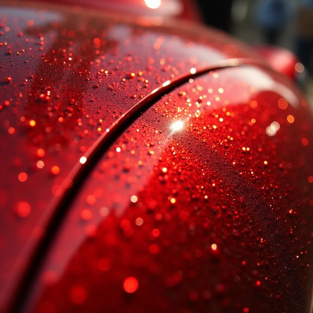 Close-up of pearlescent red car paint