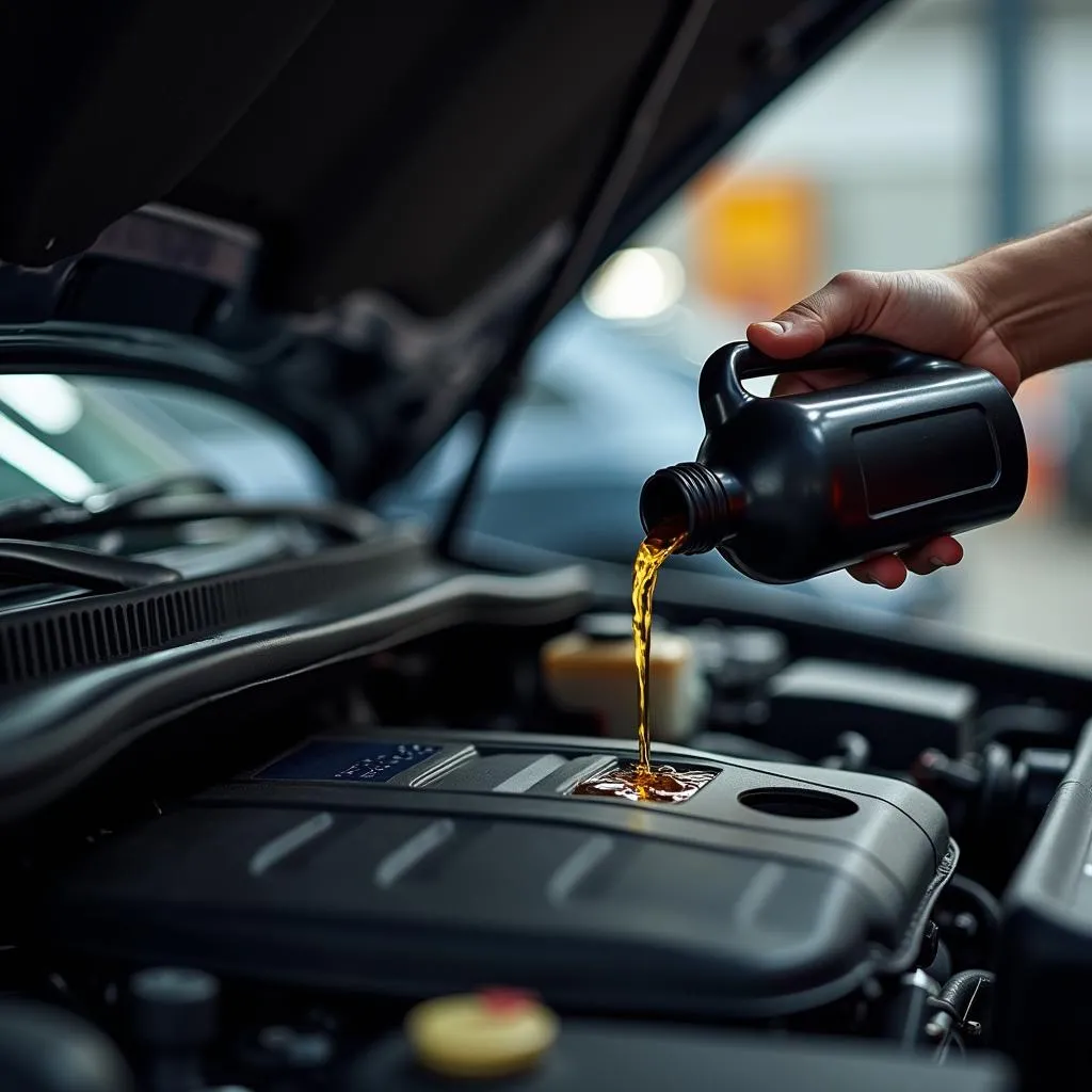 Mechanic pouring oil into car engine