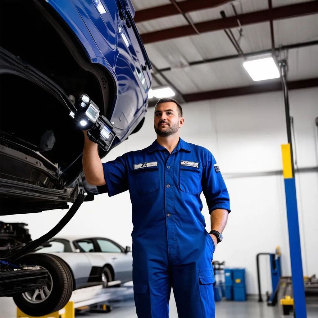 Mechanic inspecting car engine