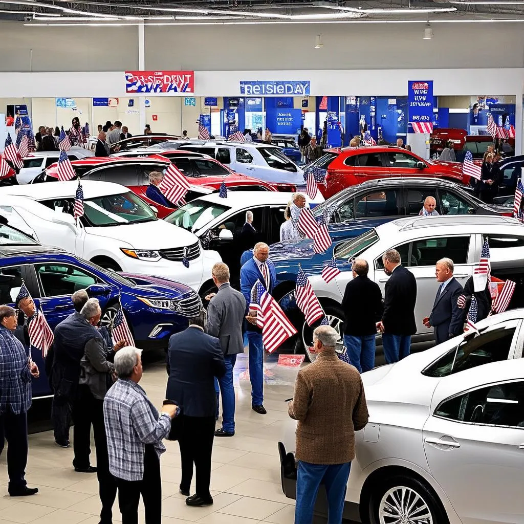 Car dealership decorated for Presidents Day sale