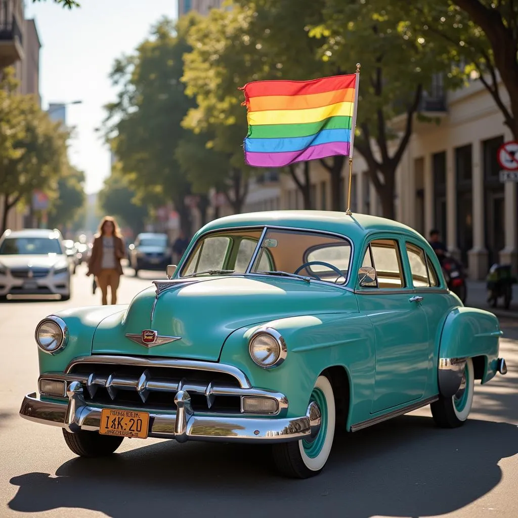 Pride car flag on a vintage car