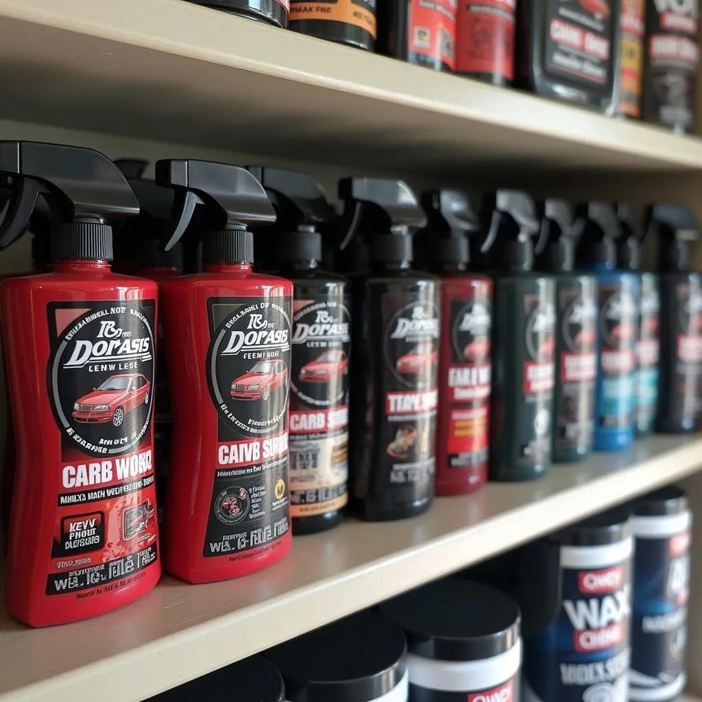 Private label car detailing products displayed on a shelf