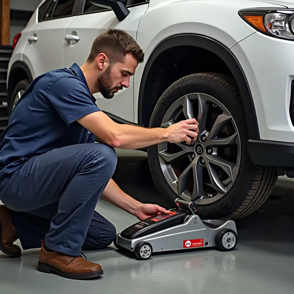 Mechanic using pro car jack to lift a car