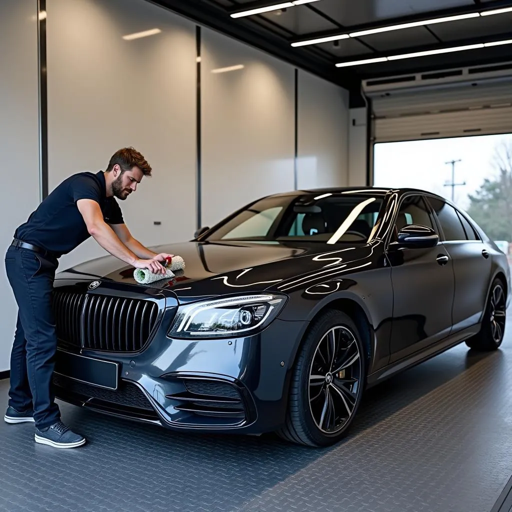 Professional Auto Detailer Working Inside a 24 ft Enclosed Car Hauler