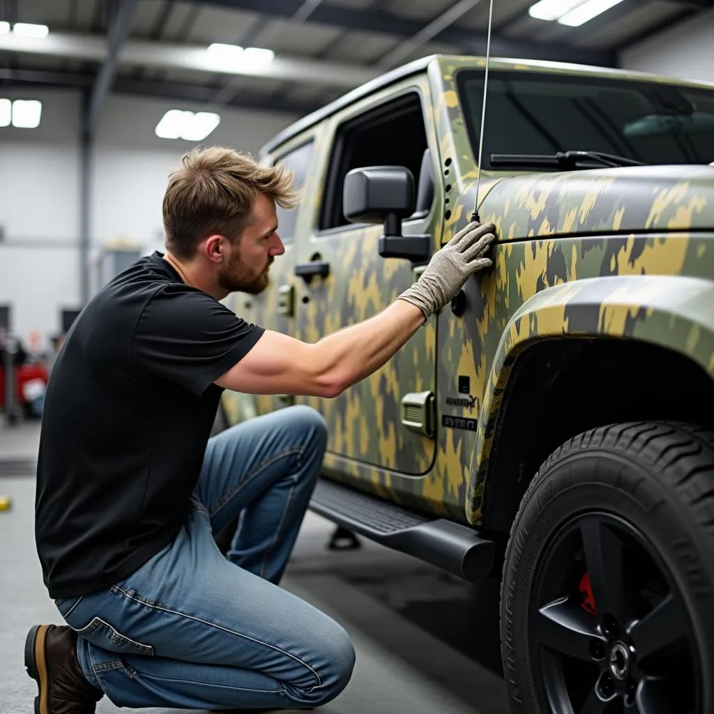 Professional Installer Applying Vinyl Car Wrap Camo on a Vehicle