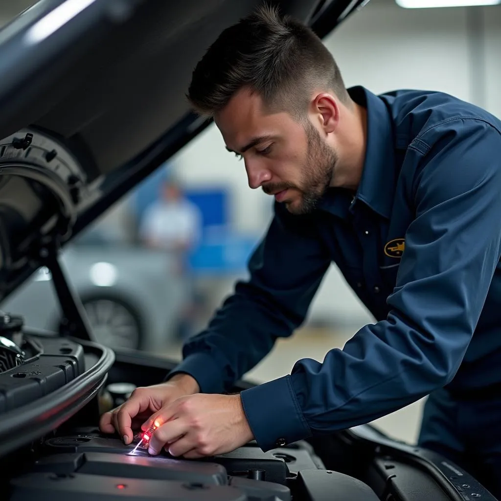 Professional Mechanic Inspecting Car Engine