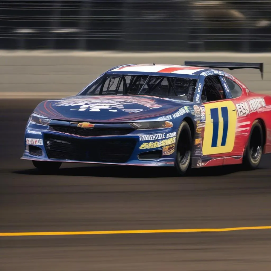 Race car with sponsor decals on track