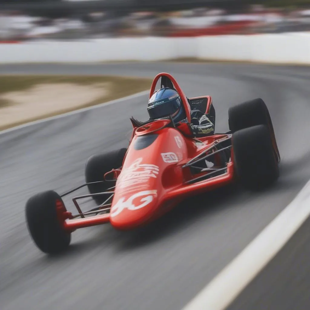 A race car driver wearing racing goggles during a race