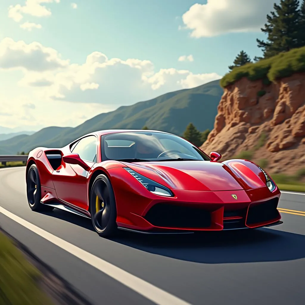 Red sports car with pearlescent paint on a winding road