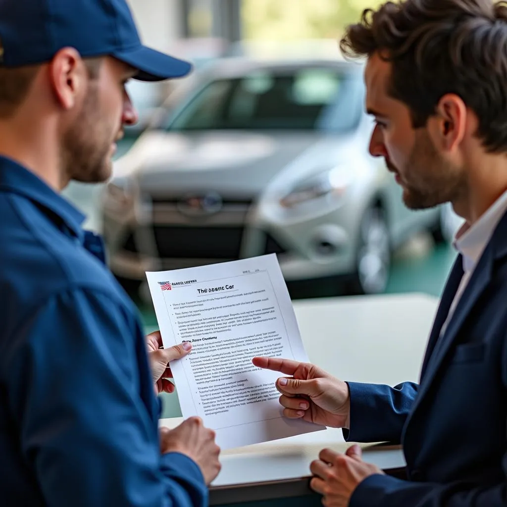 Mechanic explaining loaner car agreement to a customer