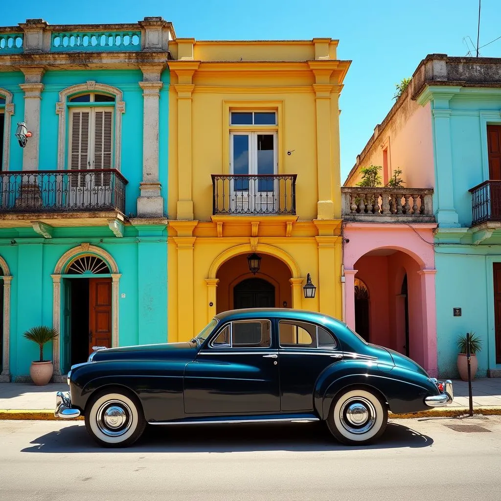 Rex rental car parked in front of a hotel in Cuba