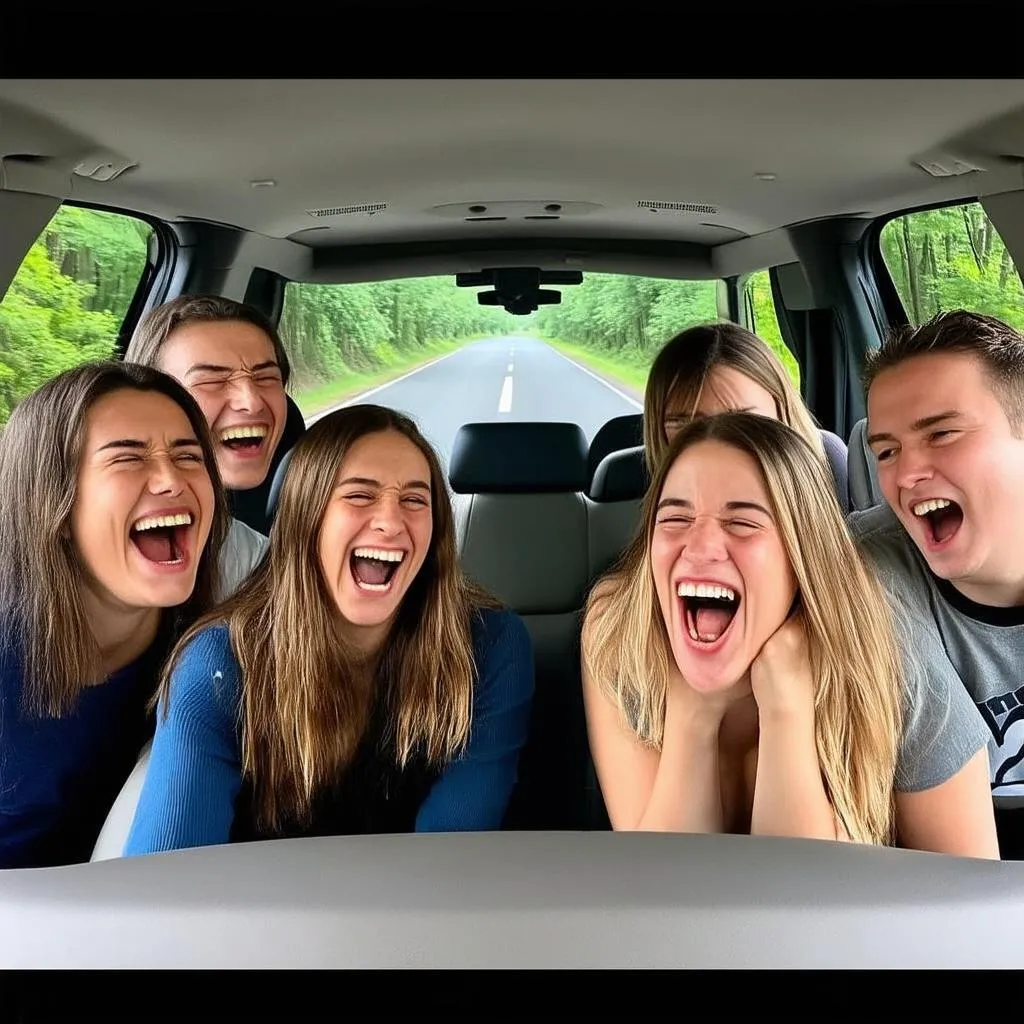 Group of friends laughing in a car during a road trip