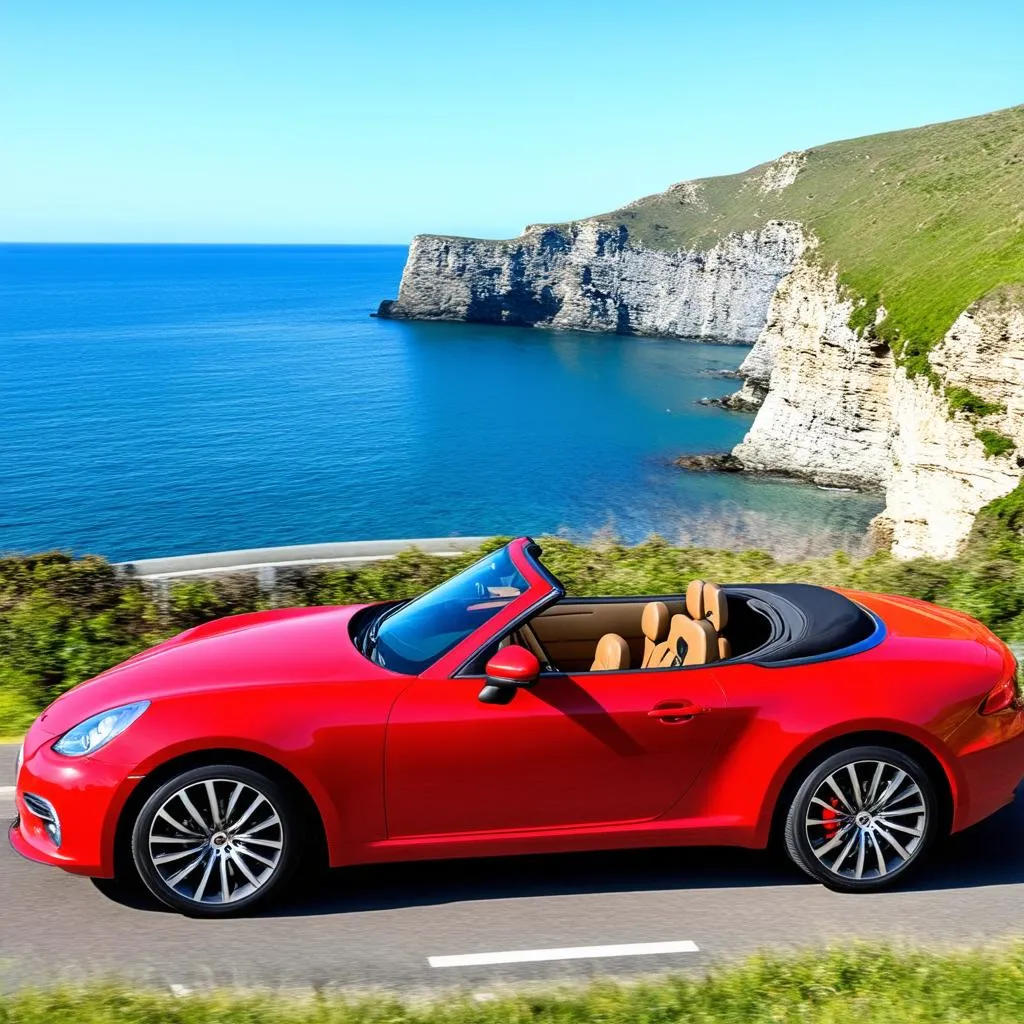 a red convertible driving along a coastal road in Massachusetts