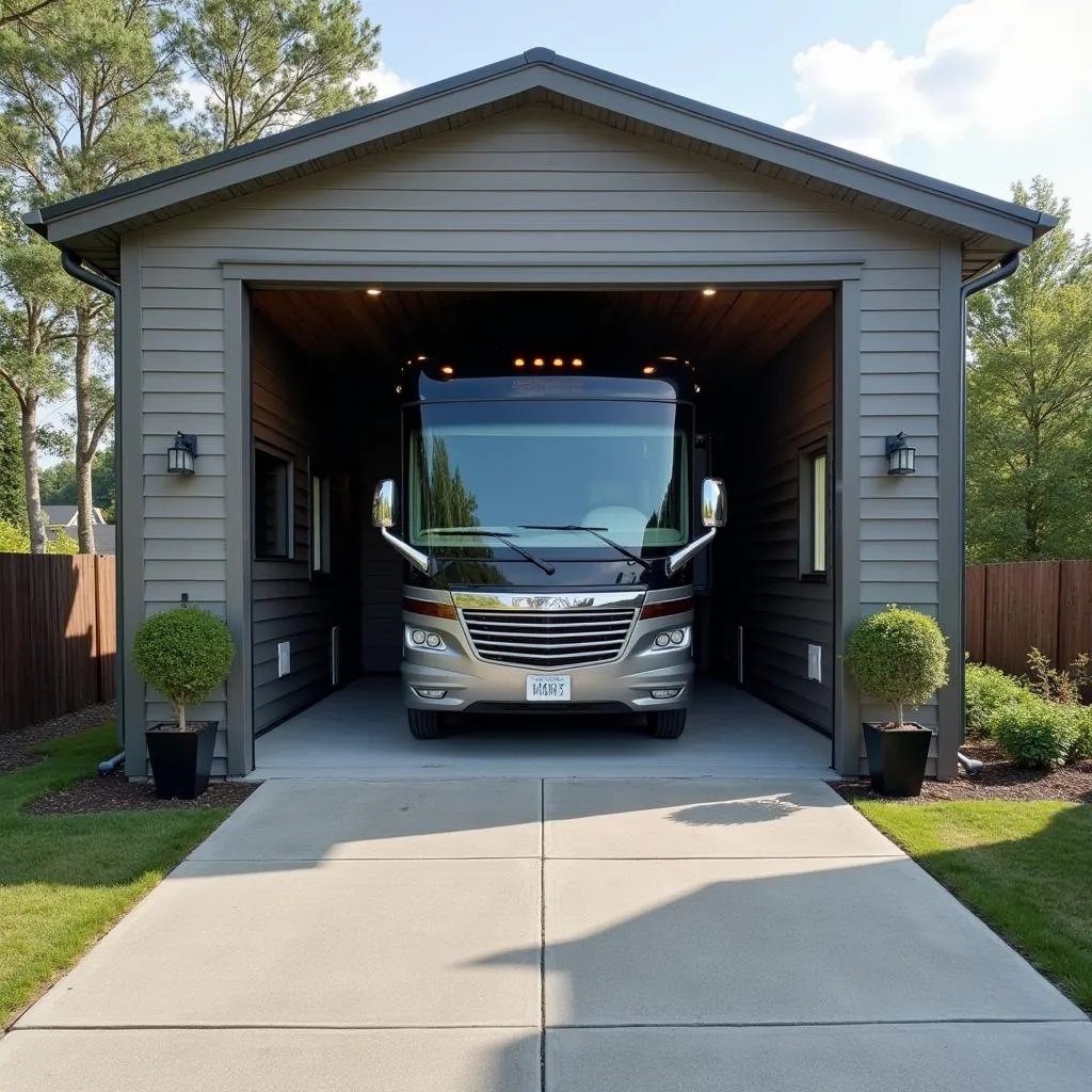 RV bay protecting a vehicle from the elements