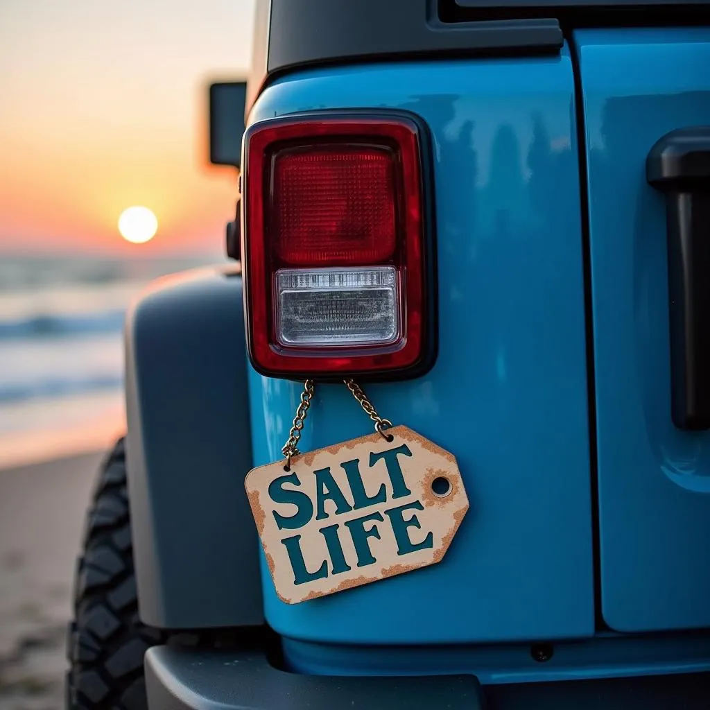 Salt Life car tag displayed on a Jeep Wrangler