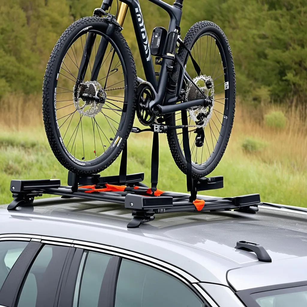 A bike securely mounted on a roof rack