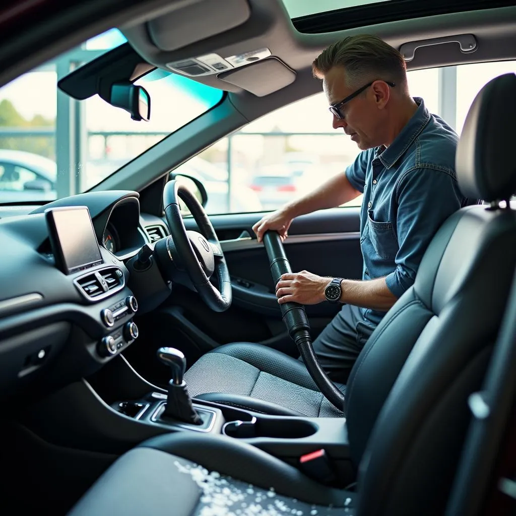 Cleaning the car interior with a vacuum cleaner at a self service car wash