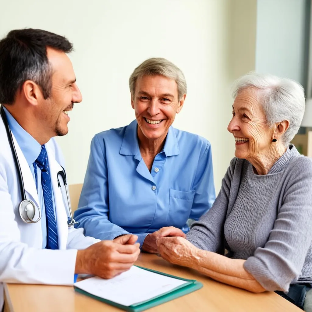 Senior couple discussing care options with a doctor