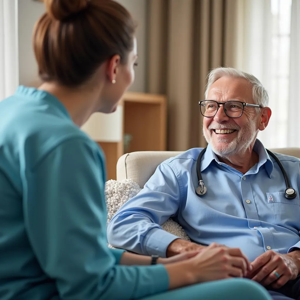 Senior man receiving Aura Home Health Care smiles at nurse