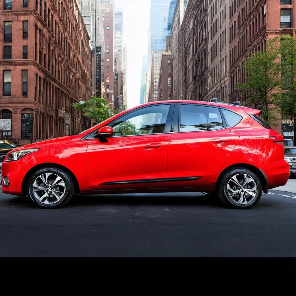 A shiny red car parked on a city street