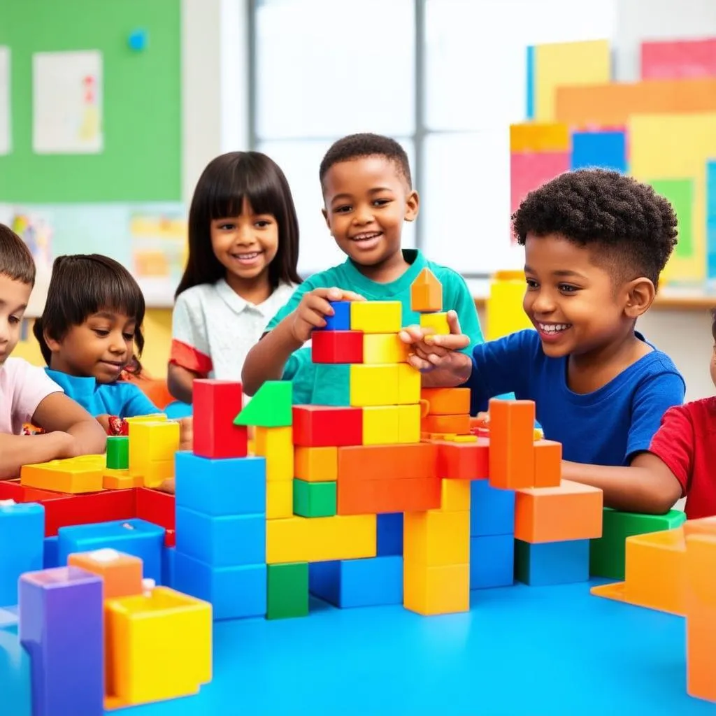 Happy children playing with blocks