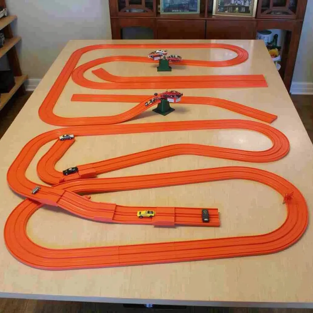 Snap-on slot car track set featuring a challenging layout and iconic orange track pieces.