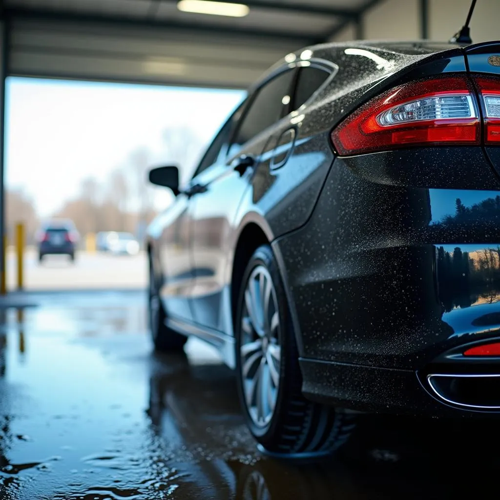 A shiny car leaving the car wash