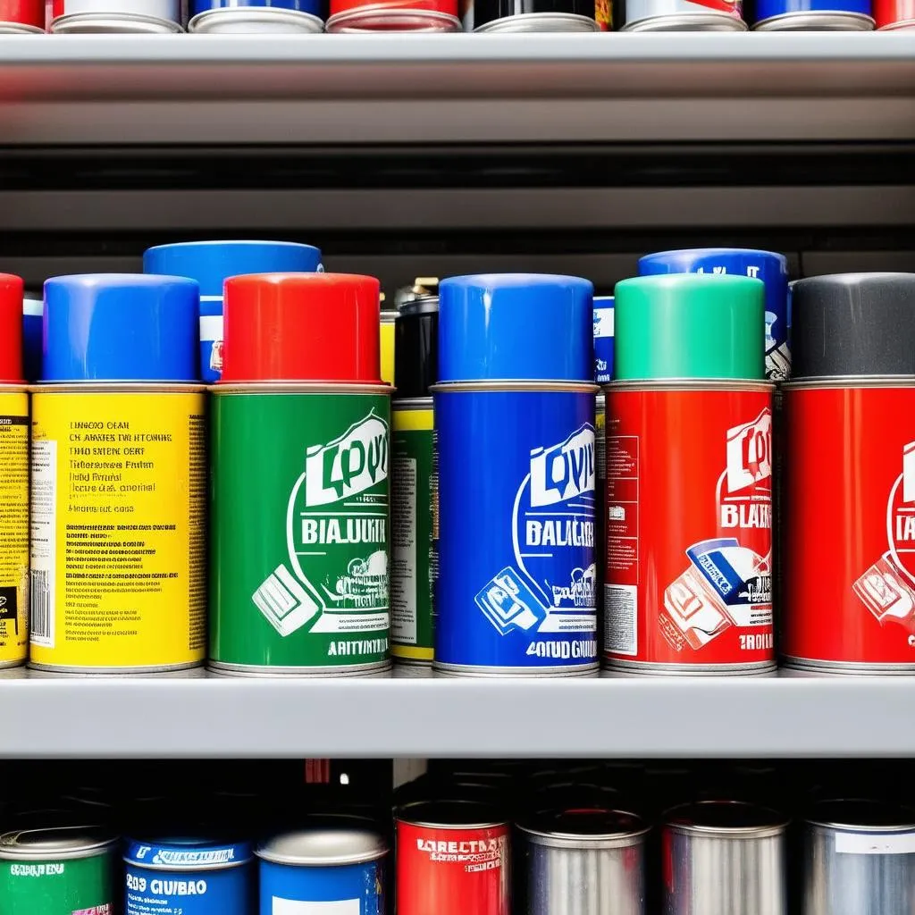 Spray paint cans on a shelf