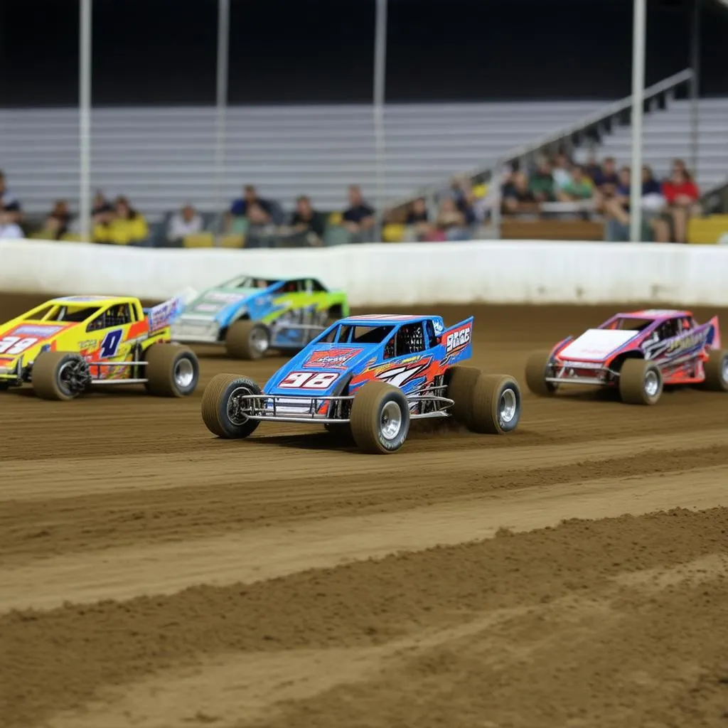 Sprint car toys racing on a dirt track