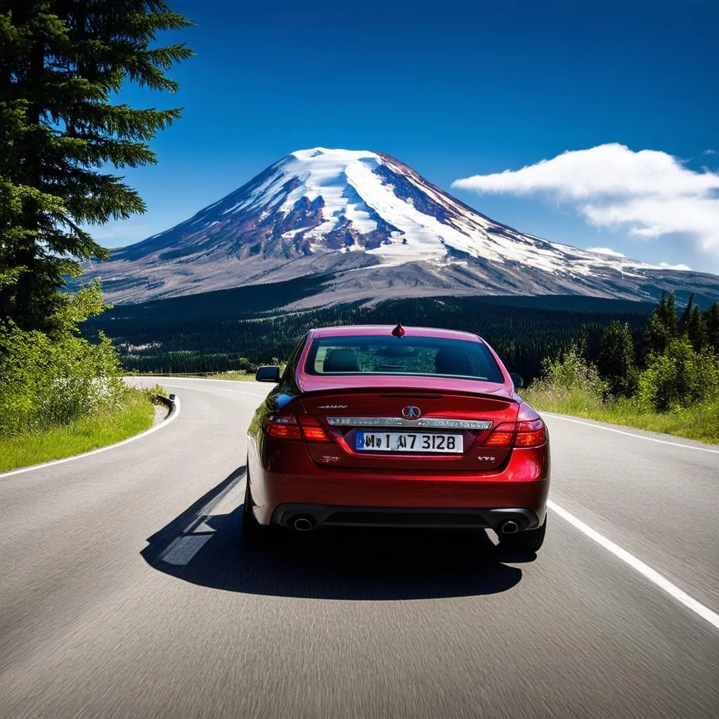 Car driving on a road with Mount Rainier in the background