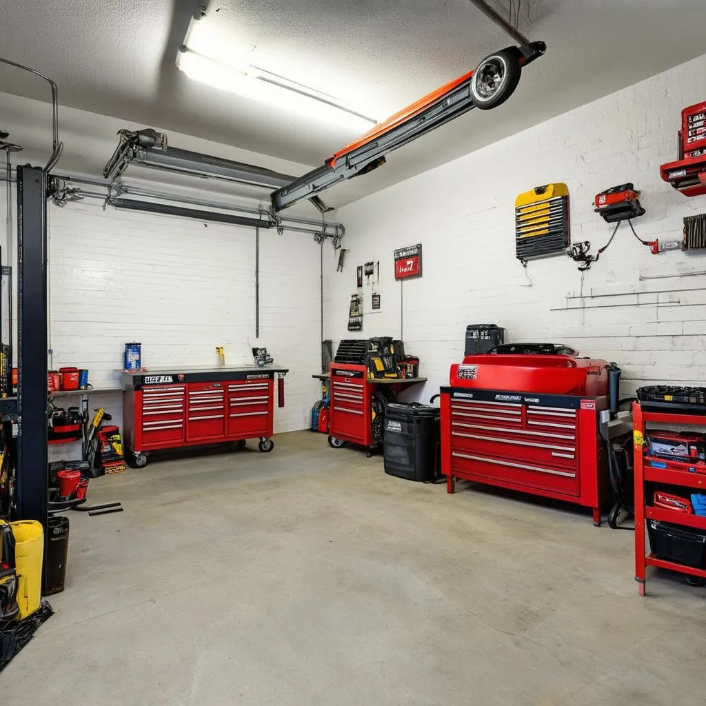 A well-organized three-car garage workshop with a car lift, tool chests, workbenches, and ample storage space.