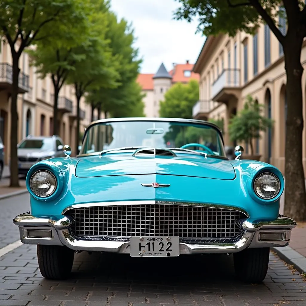 Classic car in Tiffany blue parked on a picturesque street