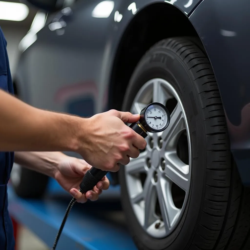 Checking car tire pressure with gauge