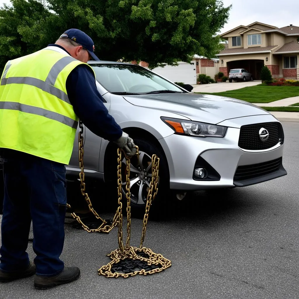 Tow truck hooking up a car