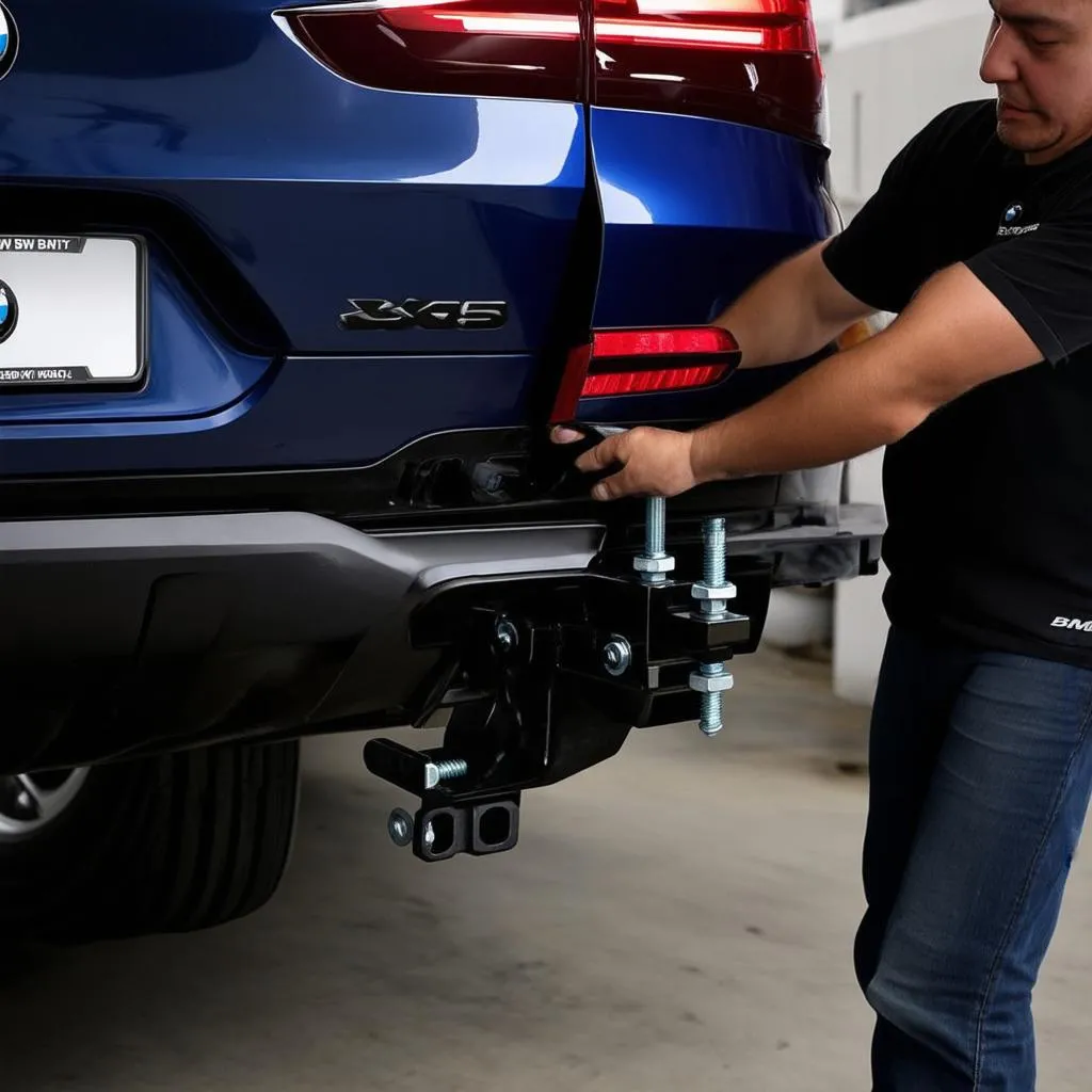 Close-up of trailer hitch installation on BMW X5