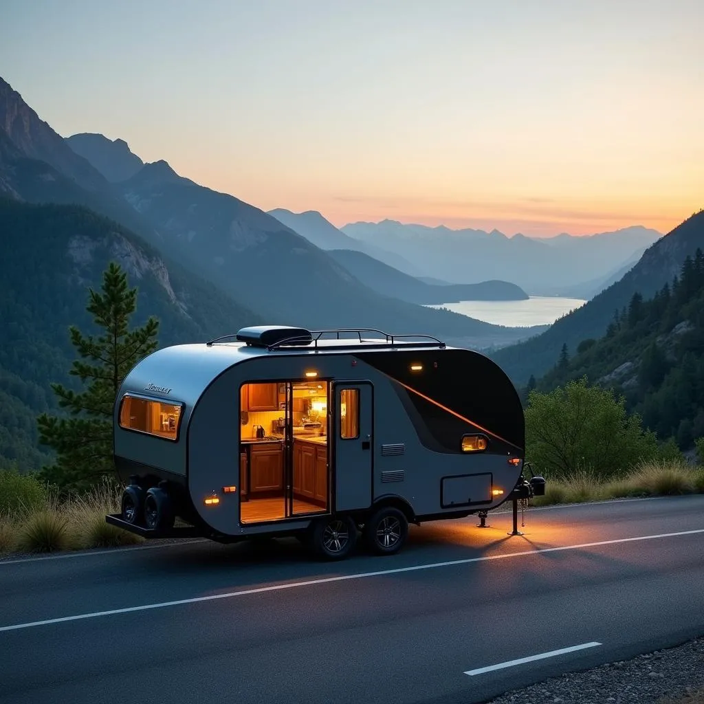 Travel trailer parked on a scenic mountain road