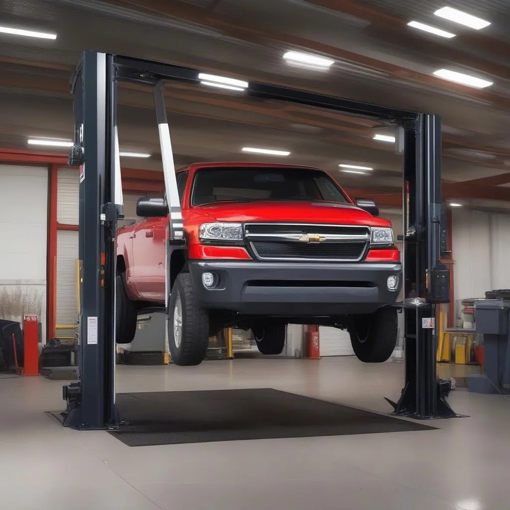 Two-post car lift for heavy-duty vehicles, allowing for easy access to the undercarriage