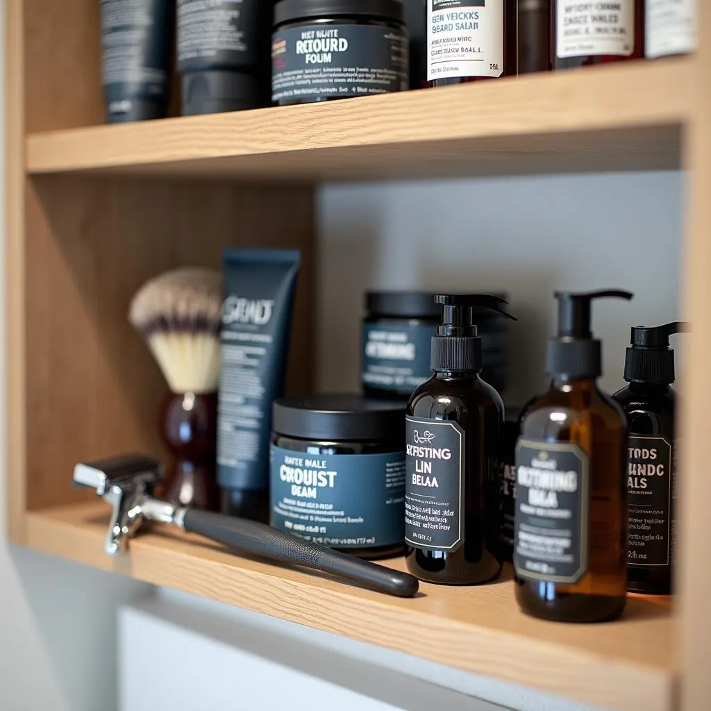 Variety of Shaving Products on Bathroom Shelf