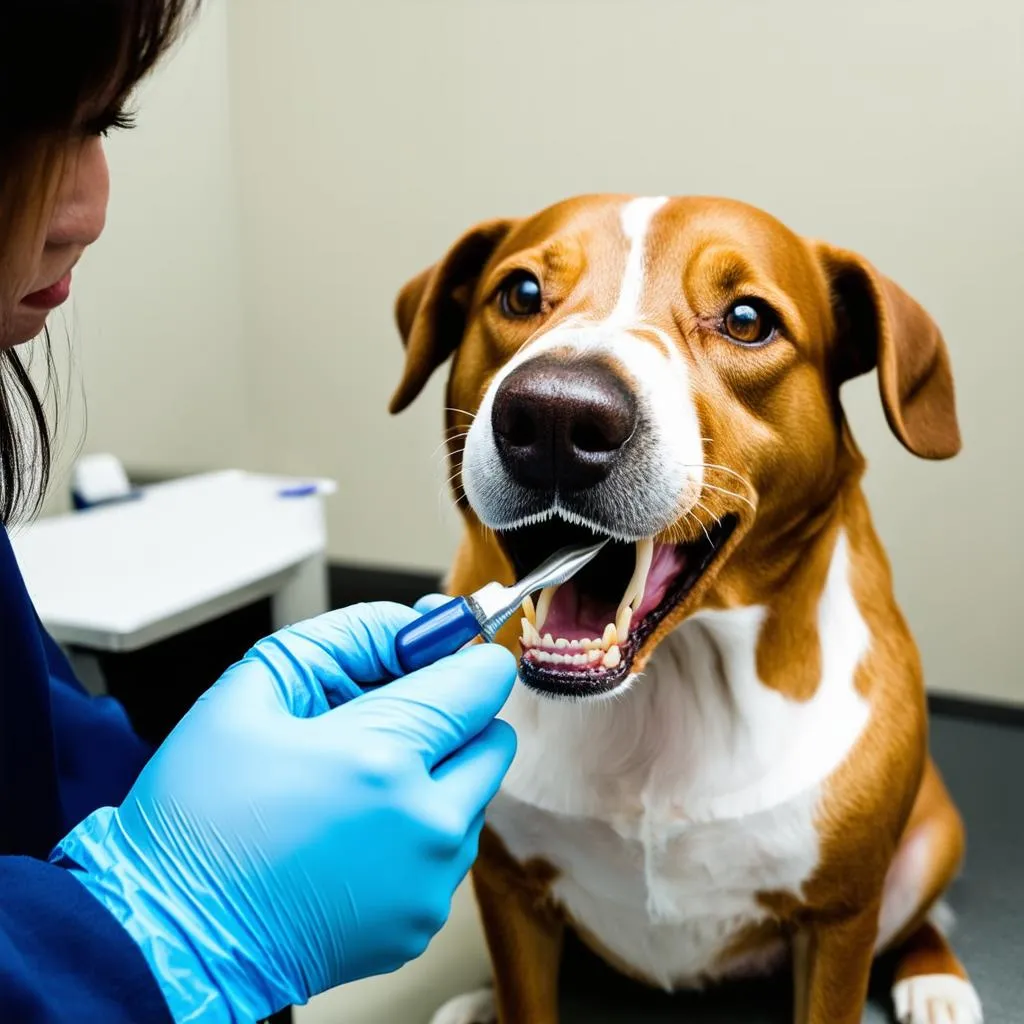 A veterinarian carefully examines a dog's teeth during a checkup.