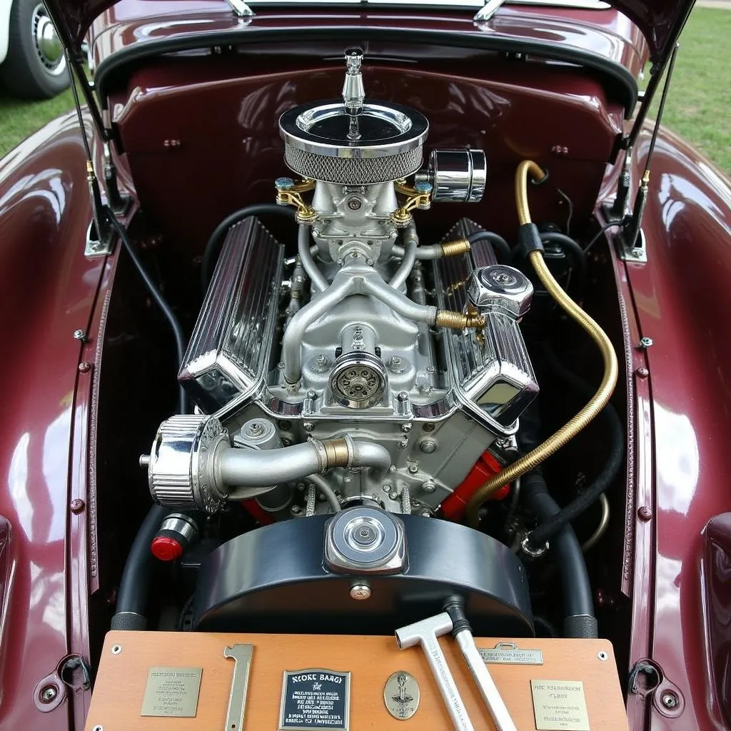 Close-up of a vintage car engine on display at a car show in Jasper, Alabama