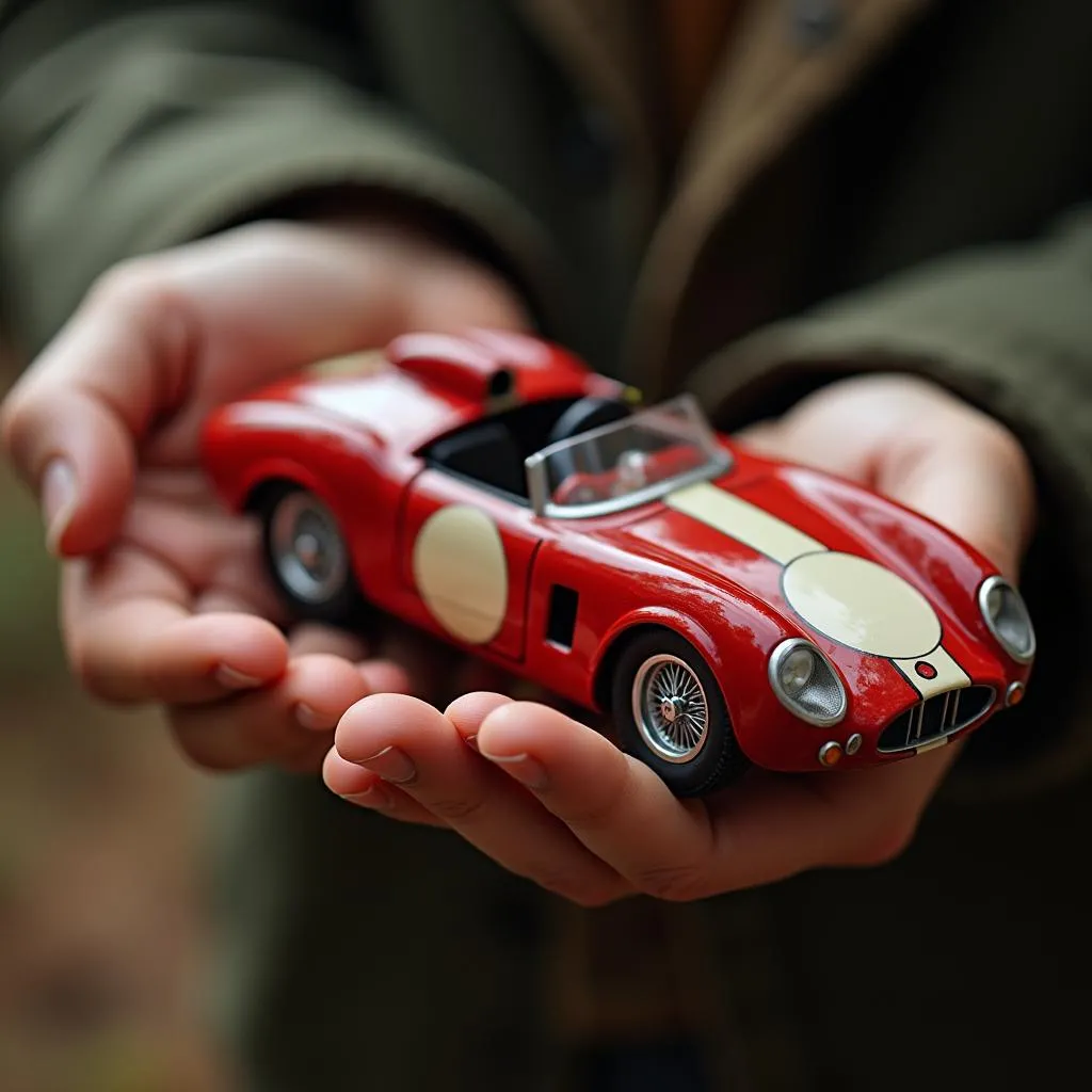 Holding a vintage diecast race car