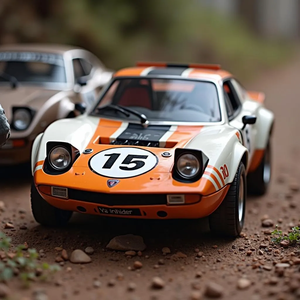 A close-up shot of a vintage Lancia Stratos rally car model