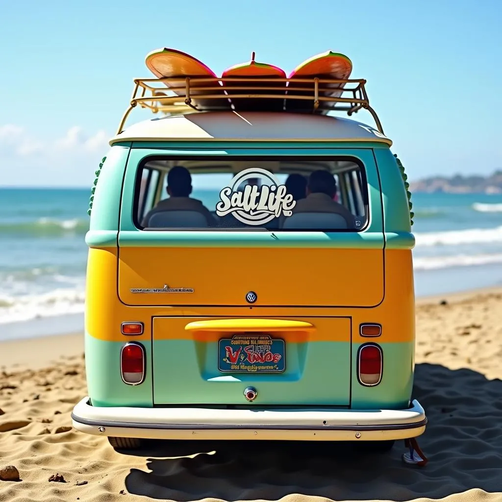 Vintage Volkswagen bus adorned with surfboards and a Salt Life sticker