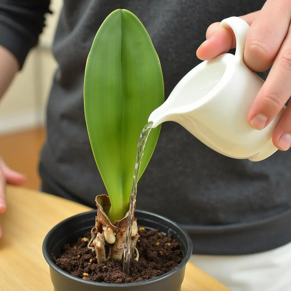 Watering a Grammatophyllum orchid thoroughly.