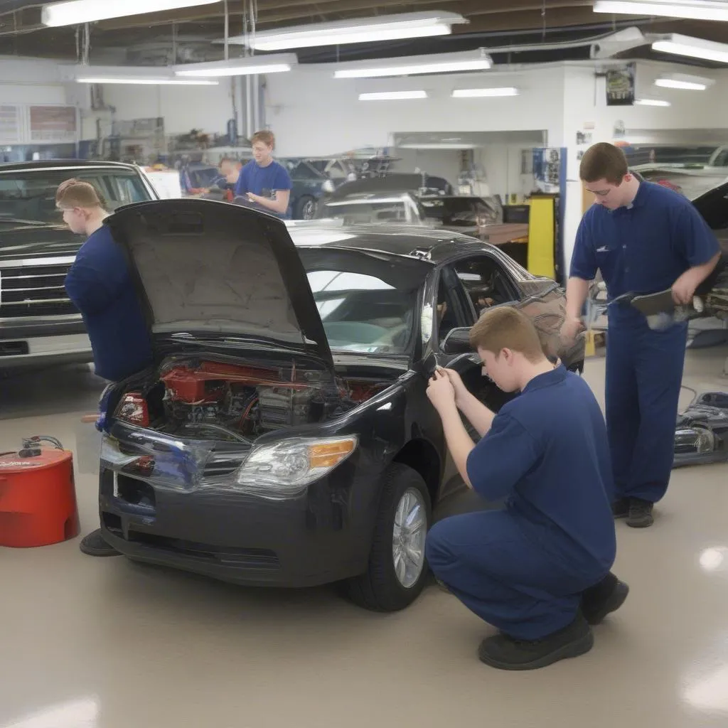 Students working on a car at Wayne Technical Career Center