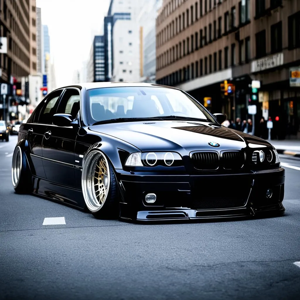 A sleek black BMW 3 series with a wide body kit parked on a city street