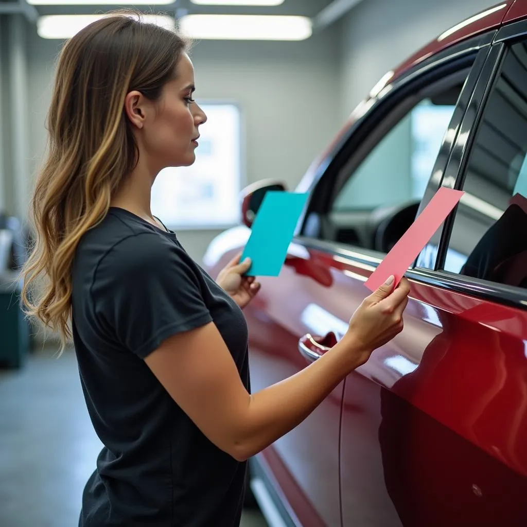 Woman Choosing Car Paint Color Samples