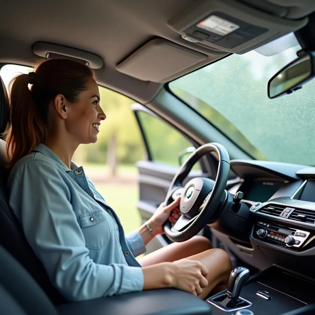 A woman entering her BMW iX after using a sunshade