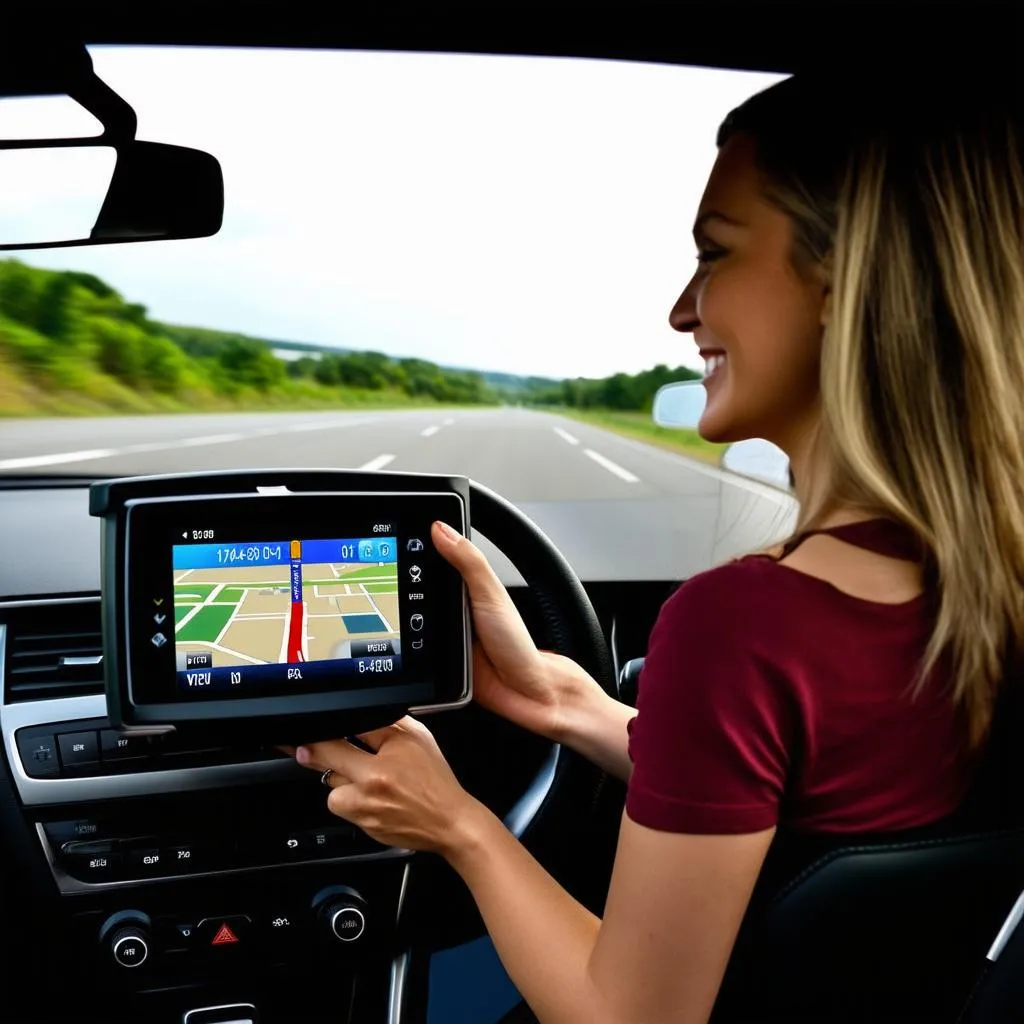 woman using gps navigation in car