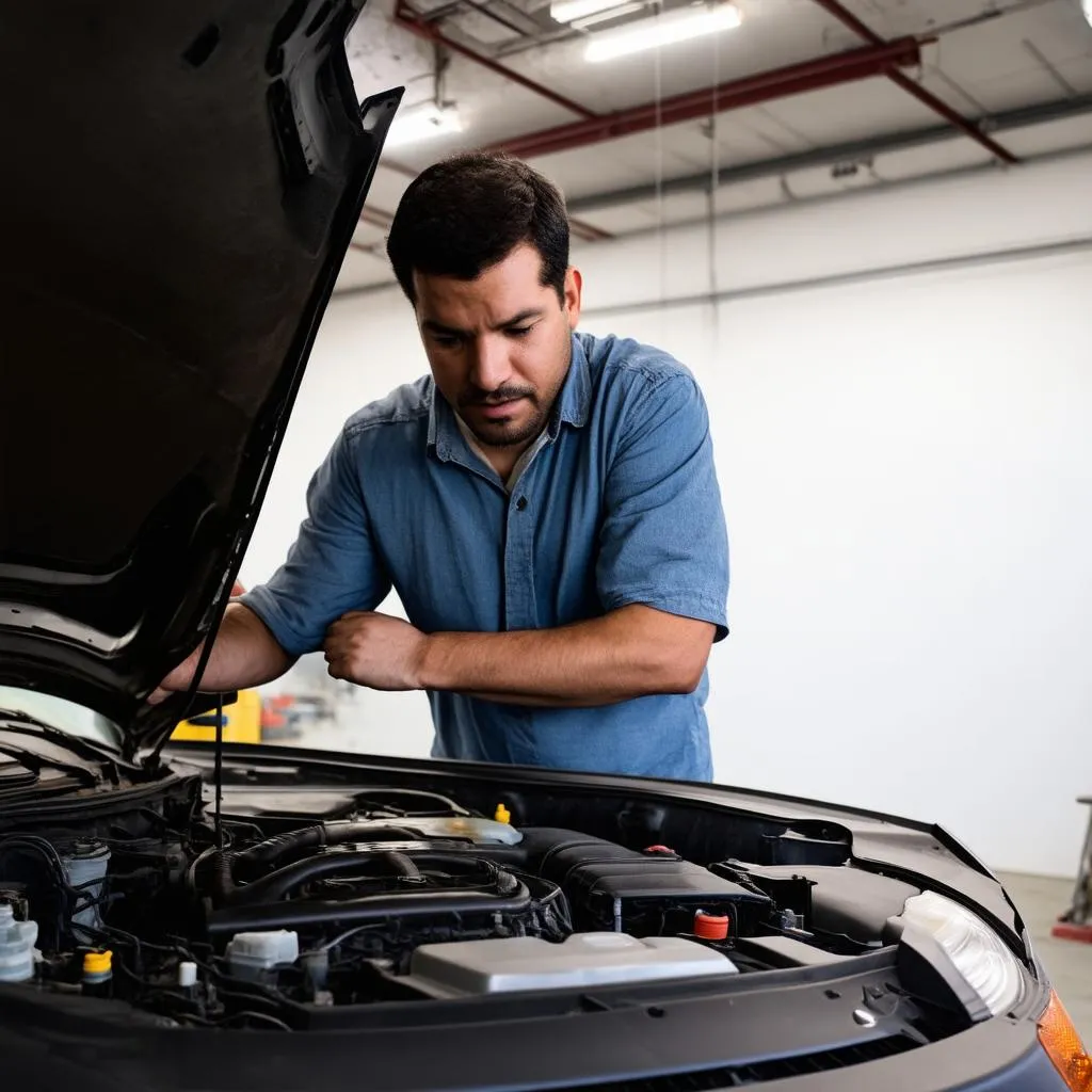 Worried Car Owner Looking Under the Hood